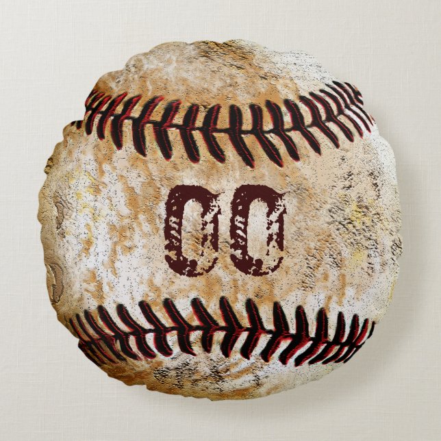 Jouw NUMMER OP DE TRUI Ronde Vintage Baseball Kuss Rond Kussen (Voorkant)