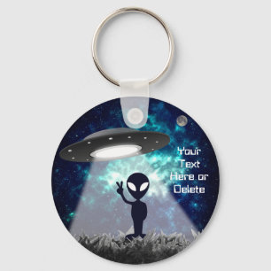 Jouw tekst Alien Peace Sign UFO Planet Blue Galaxy Sleutelhanger