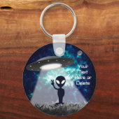 Jouw tekst Alien Peace Sign UFO Planet Blue Galaxy Sleutelhanger (Voorkant)