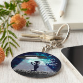 Jouw tekst Alien Peace Sign UFO Planet Blue Galaxy Sleutelhanger (Zijkant)