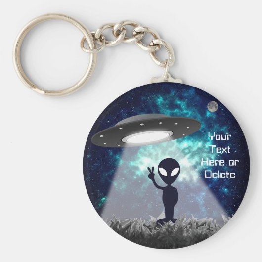 Jouw tekst Alien Peace Sign UFO Planet Blue Galaxy Sleutelhanger (Voorkant)
