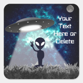 Jouw tekst Alien Peace Sign UFO Planet Blue Galaxy Vierkante Sticker
