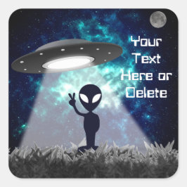 Jouw tekst Alien Peace Sign UFO Planet Blue Galaxy Vierkante Sticker