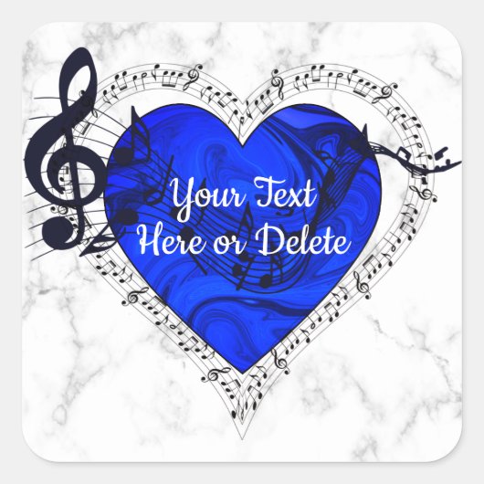 Jouw tekst Blue Heart Treble Clef Muziek op Marmer Vierkante Sticker (Voorkant)