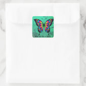 Jouw tekst Bright Roze en Blauwe Butterfly Turquoi Vierkante Sticker (Tas)