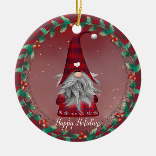 Jouw tekst Cute Red Pset Gnome & Snowflake Holiday Keramisch Ornament (Voorkant)