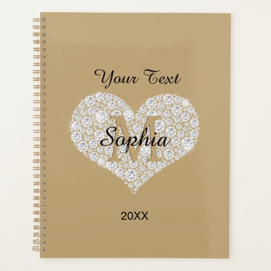 Jouw tekst, Diamanten Hart, Gouden Monogram, Naam Planner (Voorkant)