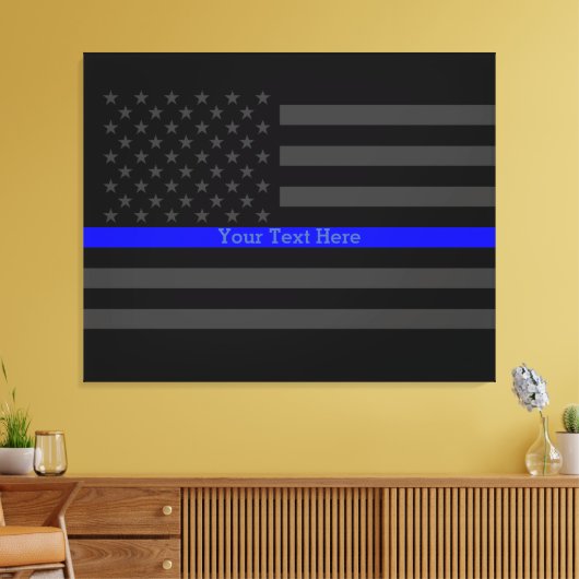 Jouw tekst Dunne Blauwe Lijn Stijlvol Zwart US Fla Canvas Afdruk (Insitu (Woonkamer))
