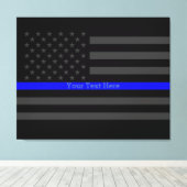 Jouw tekst Dunne Blauwe Lijn Stijlvol Zwart US Fla Canvas Afdruk (Insitu (Houten vloer))