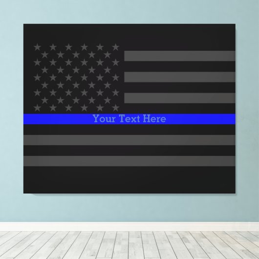 Jouw tekst Dunne Blauwe Lijn Stijlvol Zwart US Fla Canvas Afdruk (Insitu (Houten vloer))