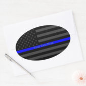 Jouw tekst Dunne Blauwe Lijn Zwart US Flag Accent Ovale Sticker (Envelop)
