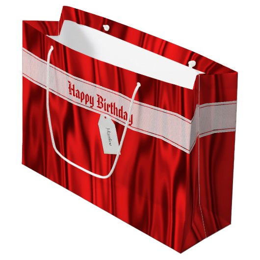 Jouw tekst | Elegant Happy Birthday Red Satin Groot Cadeauzakje (Voorkant Gekanteld)