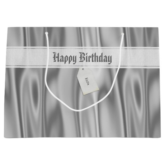 Jouw tekst: Elegant Happy Birthday Silver Satin Groot Cadeauzakje (Voorkant)