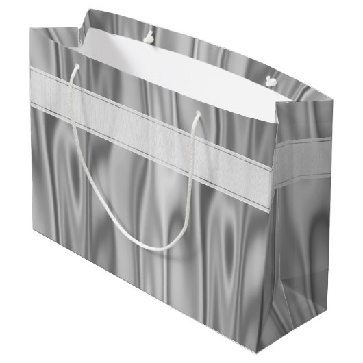 Jouw tekst: Elegant Happy Birthday Silver Satin Groot Cadeauzakje (Achterkant Gekanteld)