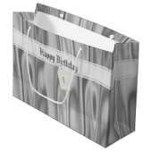 Jouw tekst: Elegant Happy Birthday Silver Satin Groot Cadeauzakje (Voorkant Gekanteld)