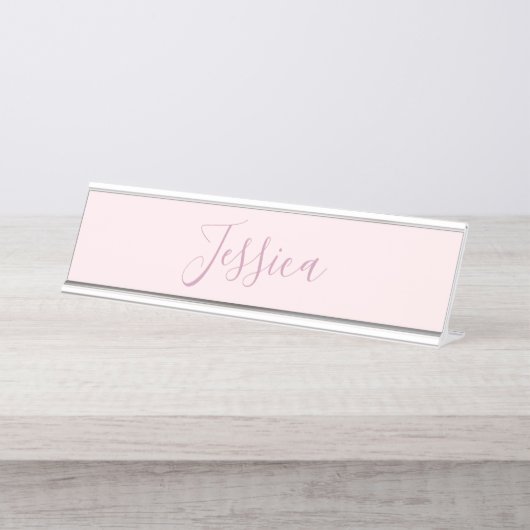 Jouw tekst | Elegant Script & Zacht Blush Roze Bureau Naambordje (Voorkant)