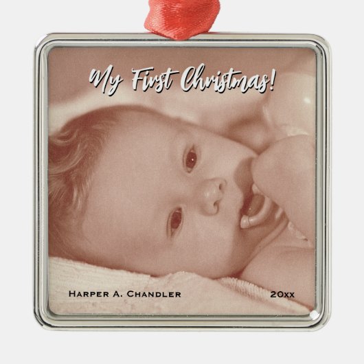 Jouw tekst en Baby Foto Mijn eerste Kerstmis Metalen Ornament (Voorkant)