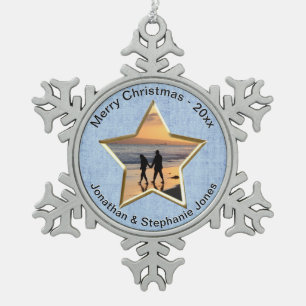 Jouw tekst en foto's: Lijst blauw Star-vormig Afbe Tin Sneeuwvlok Ornament