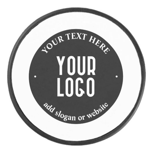 Jouw tekst en geüploade Logo | Bewerkbaar zwart-wi Hockey Puck (Voorkant)