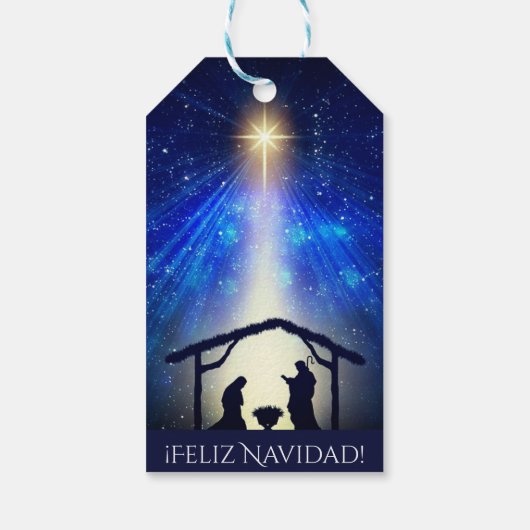 Jouw tekst Feliz Navidad Blue Natitivity Kerstmis Cadeaulabel (Achterkant)