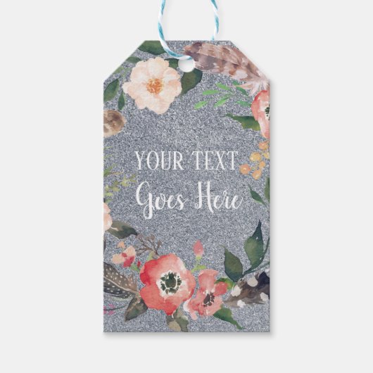 Jouw tekst  Floral Wreath Silver Glitter Cadeaulabel (Voorkant)