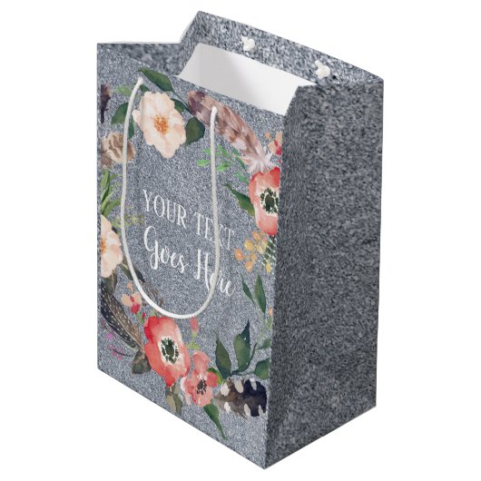 Jouw tekst  Floral Wreath Silver Glitter Medium Cadeauzakje (Achterkant Gekanteld)
