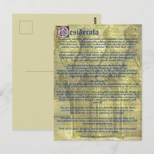 Jouw tekst/Kleur Inspirerend Goud Desiderata Gedic Briefkaart (Voorkant / Achterkant)
