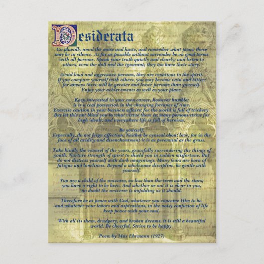 Jouw tekst/Kleur Inspirerend Goud Desiderata Gedic Briefkaart (Voorkant)
