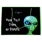 Jouw tekst & Kleur Koel Groen Alien Zilver UFO Groot Cadeauzakje (Voorkant)