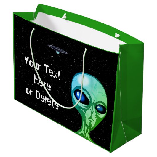 Jouw tekst & Kleur Koel Groen Alien Zilver UFO Groot Cadeauzakje (Achterkant Gekanteld)