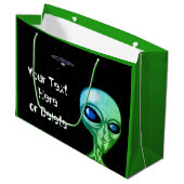 Jouw tekst & Kleur Koel Groen Alien Zilver UFO Groot Cadeauzakje (Voorkant Gekanteld)