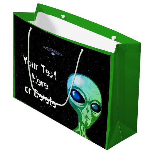 Jouw tekst & Kleur Koel Groen Alien Zilver UFO Groot Cadeauzakje (Voorkant Gekanteld)