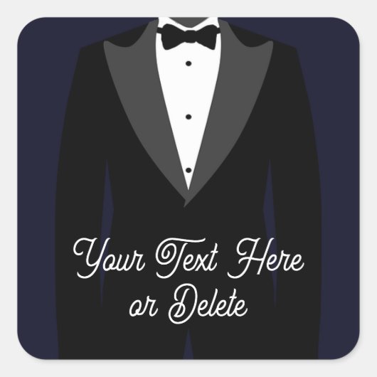 Jouw tekst/Kleur Zwart Tuxedo Suit Groom Prom Vierkante Sticker (Voorkant)