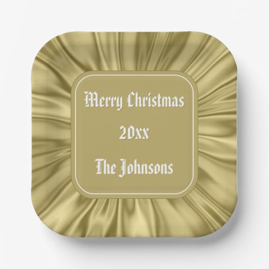 Jouw tekst: "Merry Christmas" Gold Ruched Satin Papieren Bordje (Voorkant)