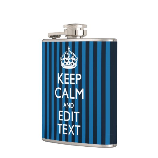 Jouw tekst op "Keep Calm Blue Stripes"-decor Heupfles (Links)