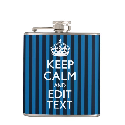 Jouw tekst op "Keep Calm Blue Stripes"-decor Heupfles (Voorkant)