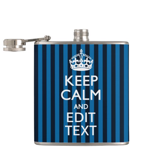 Jouw tekst op "Keep Calm Blue Stripes"-decor Heupfles (Geopend)