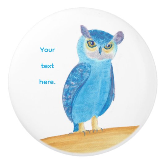 Jouw tekst op Schattigee Blue Owl Knobs Keramische Knop (Voorkant)