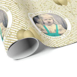 Jouw tekst.Photo Goud/Wit Eenvoudige Streepjespatr Cadeaupapier