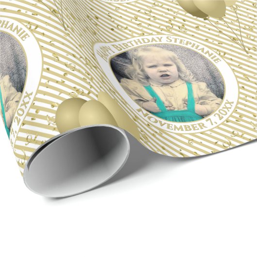 Jouw tekst.Photo Goud/Wit Eenvoudige Streepjespatr Cadeaupapier (Rol Hoek)