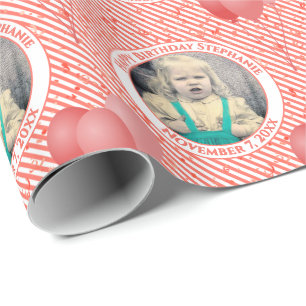 Jouw tekst.Photo Koraal/Wit Eenvoudige Streepjespa Cadeaupapier