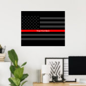 Jouw tekst Thin Red Line Stylish Charcoal US Flag Poster (Thuiskantoor)