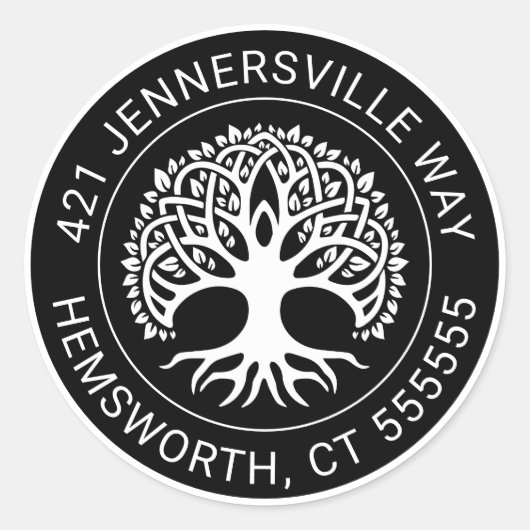 Jouw tekst toevoegen | Celtic Tree Address Ronde Sticker (Voorkant)