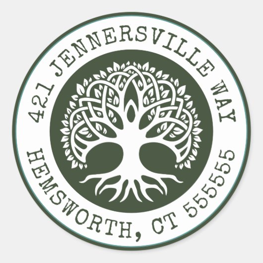 Jouw tekst toevoegen | Celtic Tree Address Ronde Sticker (Voorkant)