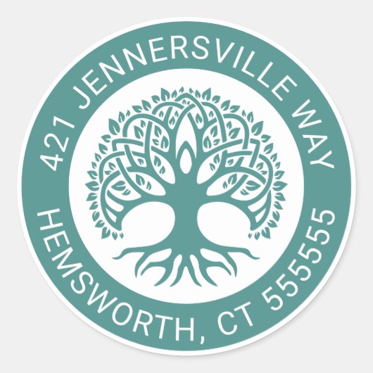 Jouw tekst toevoegen | Celtic Tree Address Ronde Sticker (Voorkant)