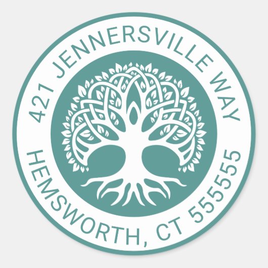 Jouw tekst toevoegen | Celtic Tree Address Ronde Sticker (Voorkant)