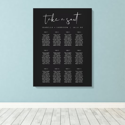 JOVI Black Edgy Modern Minimalist Seating Chart Canvas Afdruk (Insitu (Houten vloer))
