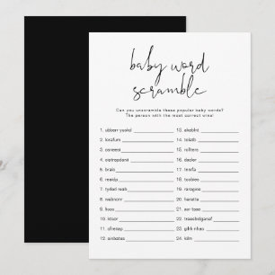 JOVI Black Modern Baby Word Scramble Game Invitati Kaart