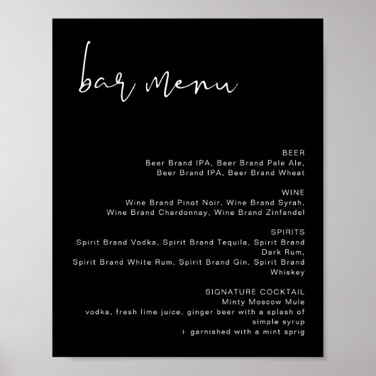 JOVI Edgy Black Minimalistische Trouwbar Menu Post Poster (Voorkant)