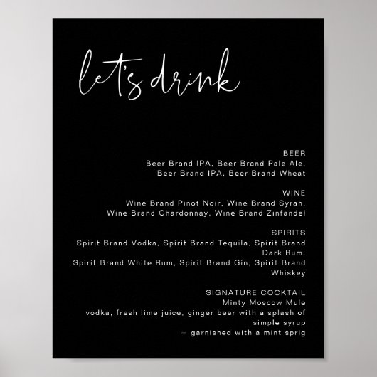 JOVI Edgy Black Modern Let's Drink Bar Menu Sign Poster (Voorkant)